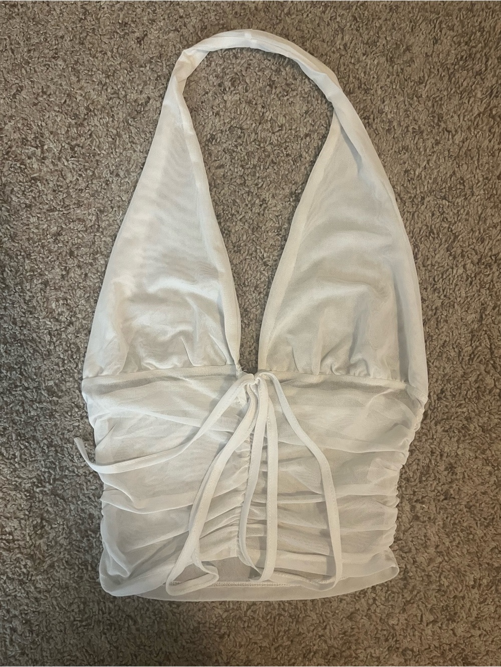 Women’s White Halter Ruched Mesh/Sheer Crop Top (size L; like new condition)